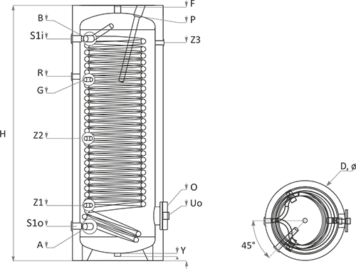 SUNSYSTEM Wärmepumpenspeicher, ein großer Wärmetauscher, 300 l, Technische Zeichnung