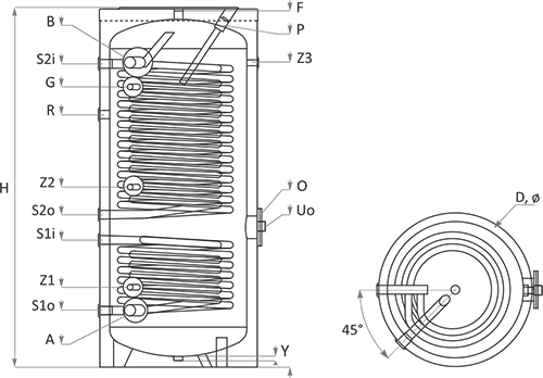 SUNSYSTEM Wärmepumpenspeicher, zwei Wärmetauscher, 300 l, Technische Zeichnung