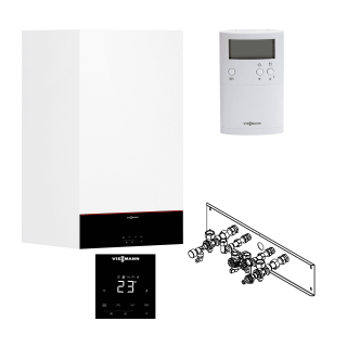VIESSMANN Paket Vitodens 100-W, Typ B1KF, 3,2 - 19 kW, Kombitherme + Vitotrol 100 UTDB + Armaturen Unterputz
