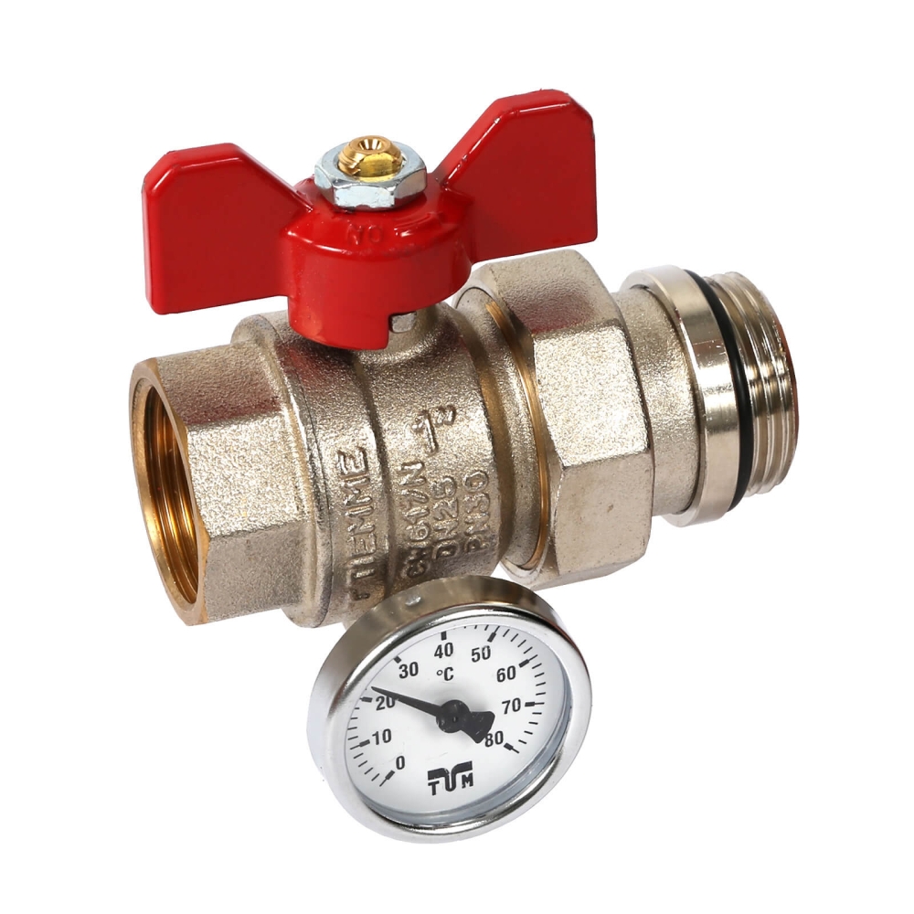 Heizkreisverteiler-Kugelhahn Durchgang, mit Knebel-/Fl&uuml;gelgriff rot, 1", mit Temperaturanzeige (flach dichtend)