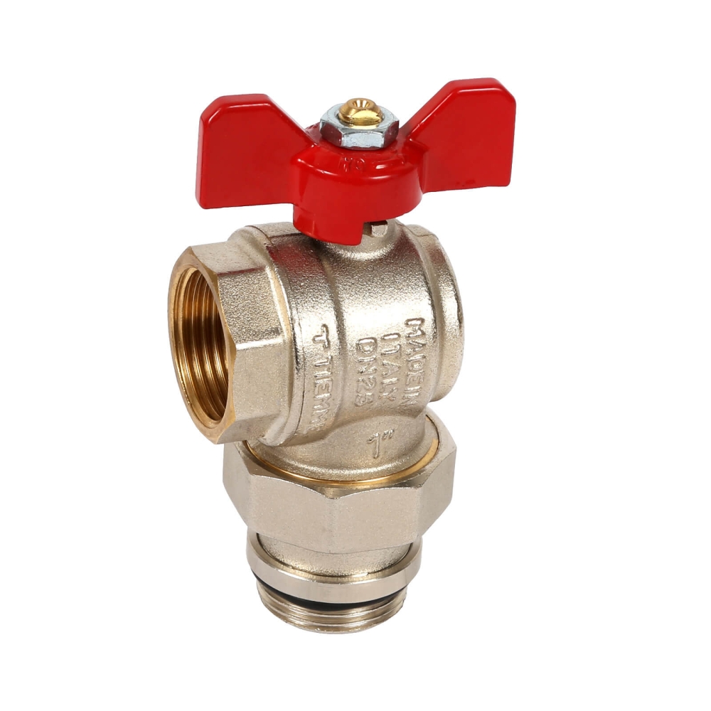 Heizkreisverteiler-Kugelhahn Eck, mit Knebel-/Fl&uuml;gelgriff rot, 1" (flach dichtend)