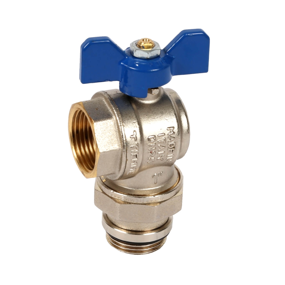 Heizkreisverteiler-Kugelhahn Eck, mit Knebel-/Fl&uuml;gelgriff blau, 1" (flach dichtend)