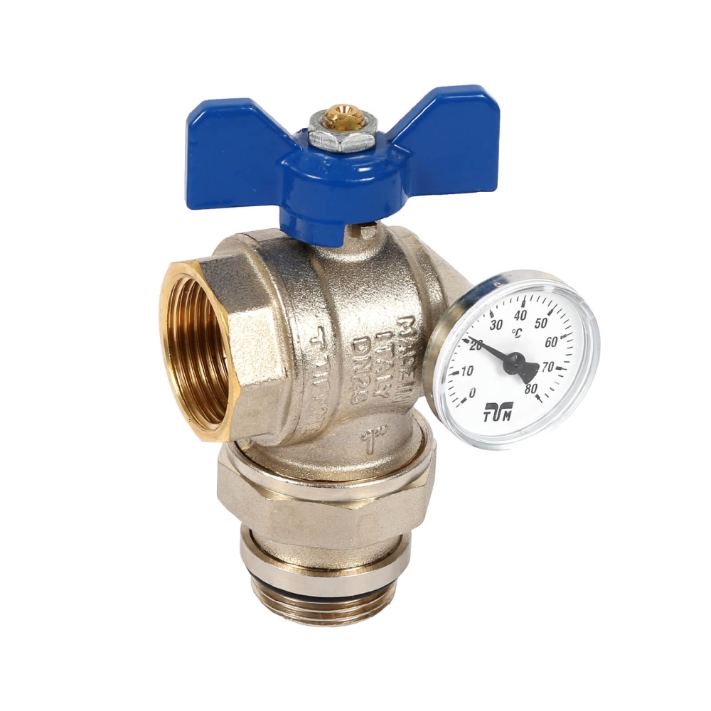 Heizkreisverteiler-Kugelhahn Eck, mit Knebel-/Fl&uuml;gelgriff blau, 1", mit Temperaturanzeige (flach dichtend)