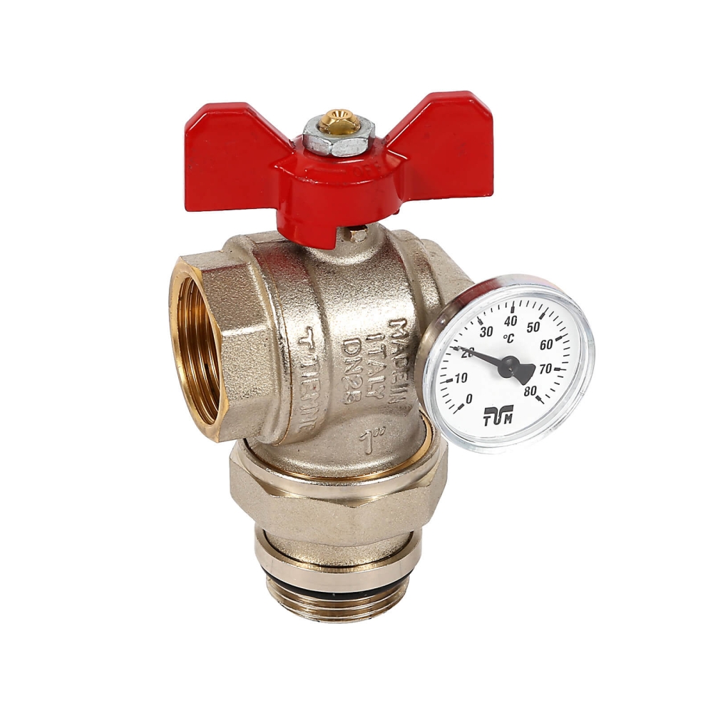 Heizkreisverteiler-Kugelhahn Eck, mit Knebel-/Fl&uuml;gelgriff rot, 1", mit Temperaturanzeige (flach dichtend)