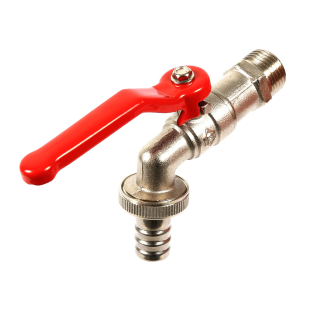 Kugelauslaufhahn, Messing vernickelt matt, mit rot-lackiertem Formstahlhebel, DN 15 - 1/2"