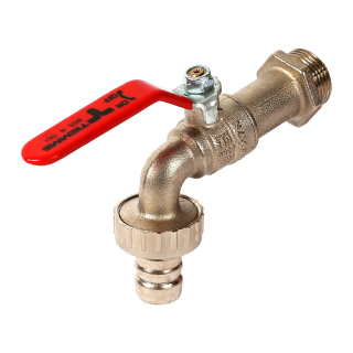 Kugelauslaufhahn, Messing vernickelt matt, mit rot-plastifiziertem Formstahlhebel, DN 20 - 3/4"