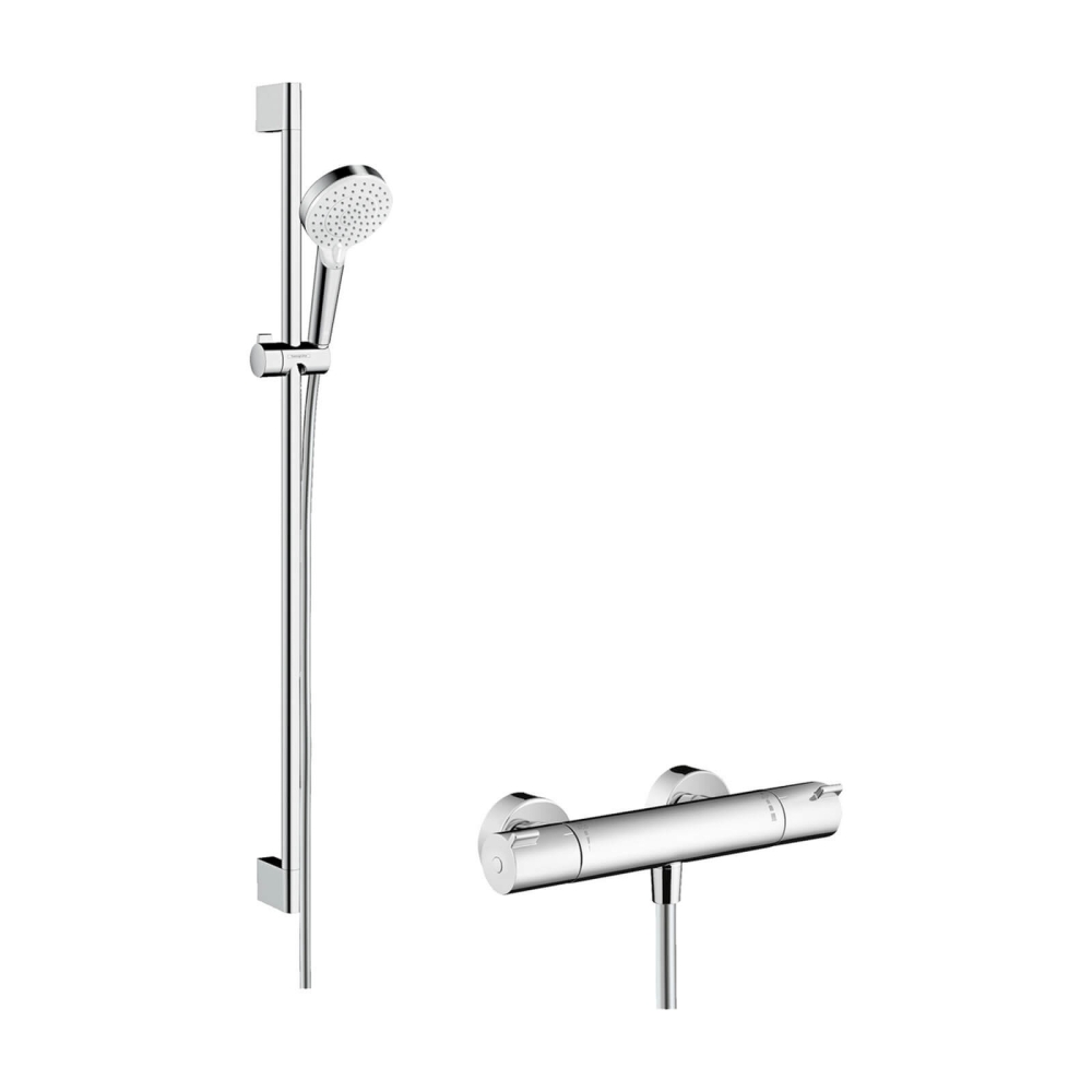 Hansgrohe Vario-Brausesystem Crometta, Aufputz, mit Ecostat 1001 CL Thermostat und Brausestange 90 cm, wei&szlig;/chrom