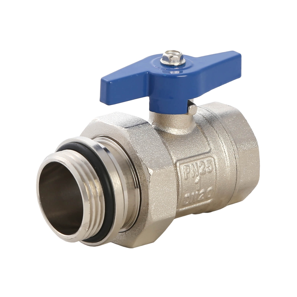 Heizkreisverteiler-Kugelhahn Durchgang, Messing vernickelt, mit T-Griff blau, 1" (flach dichtend)