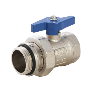 Heizkreisverteiler-Kugelhahn Durchgang, Messing vernickelt, mit T-Griff blau, 1" (flach dichtend)