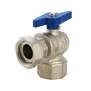 Heizkreisverteiler-Kugelhahn Eck IG x IG, Messing vernickelt, mit Flügel-Griff blau, 1" (flach dichtend)