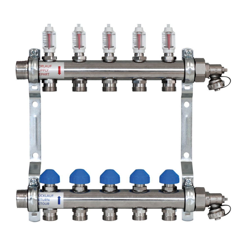 ZEWOTHERM ZEWO 5-er Heizkreisverteiler/Systemverteiler &laquo;Premium&raquo;, Baul&auml;nge 370mm, Einbautiefe 86mm, Edelstahl