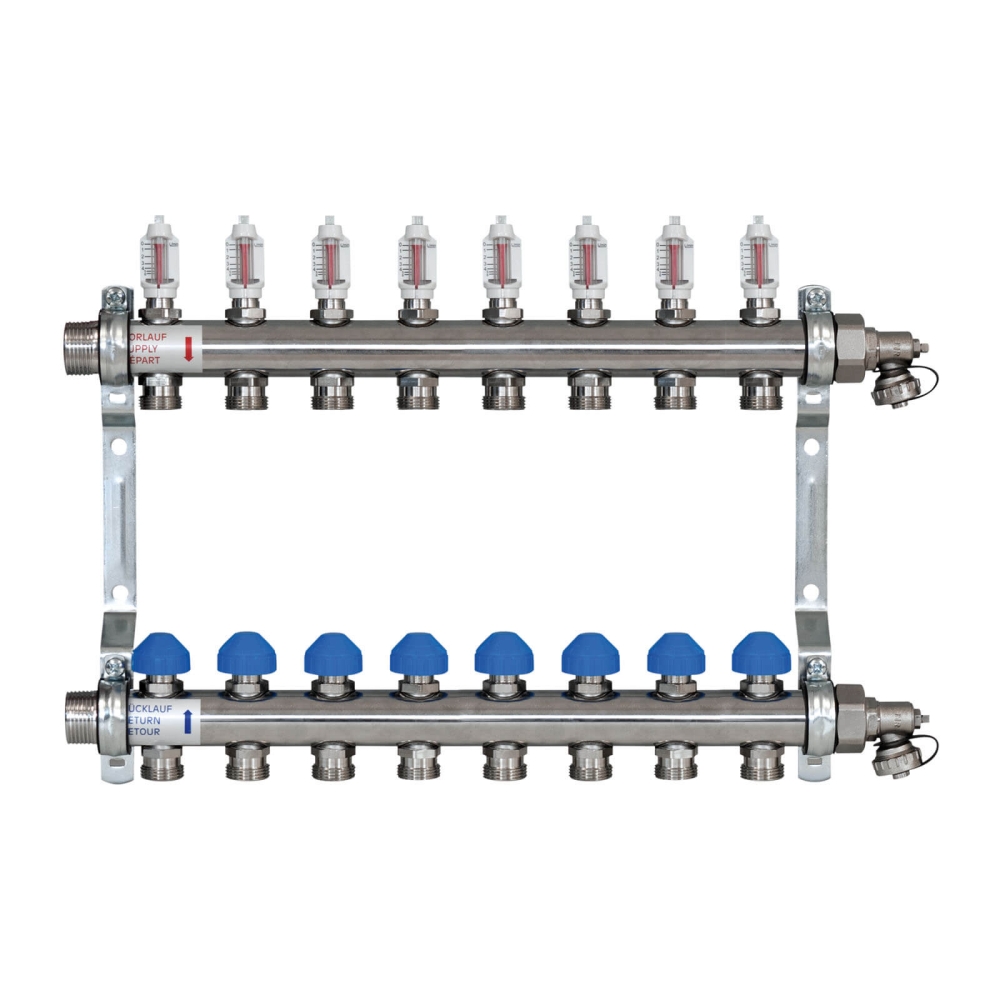 ZEWOTHERM ZEWO 8-er Heizkreisverteiler/Systemverteiler &laquo;Premium&raquo;, Baul&auml;nge 520mm, Einbautiefe 86mm, Edelstahl
