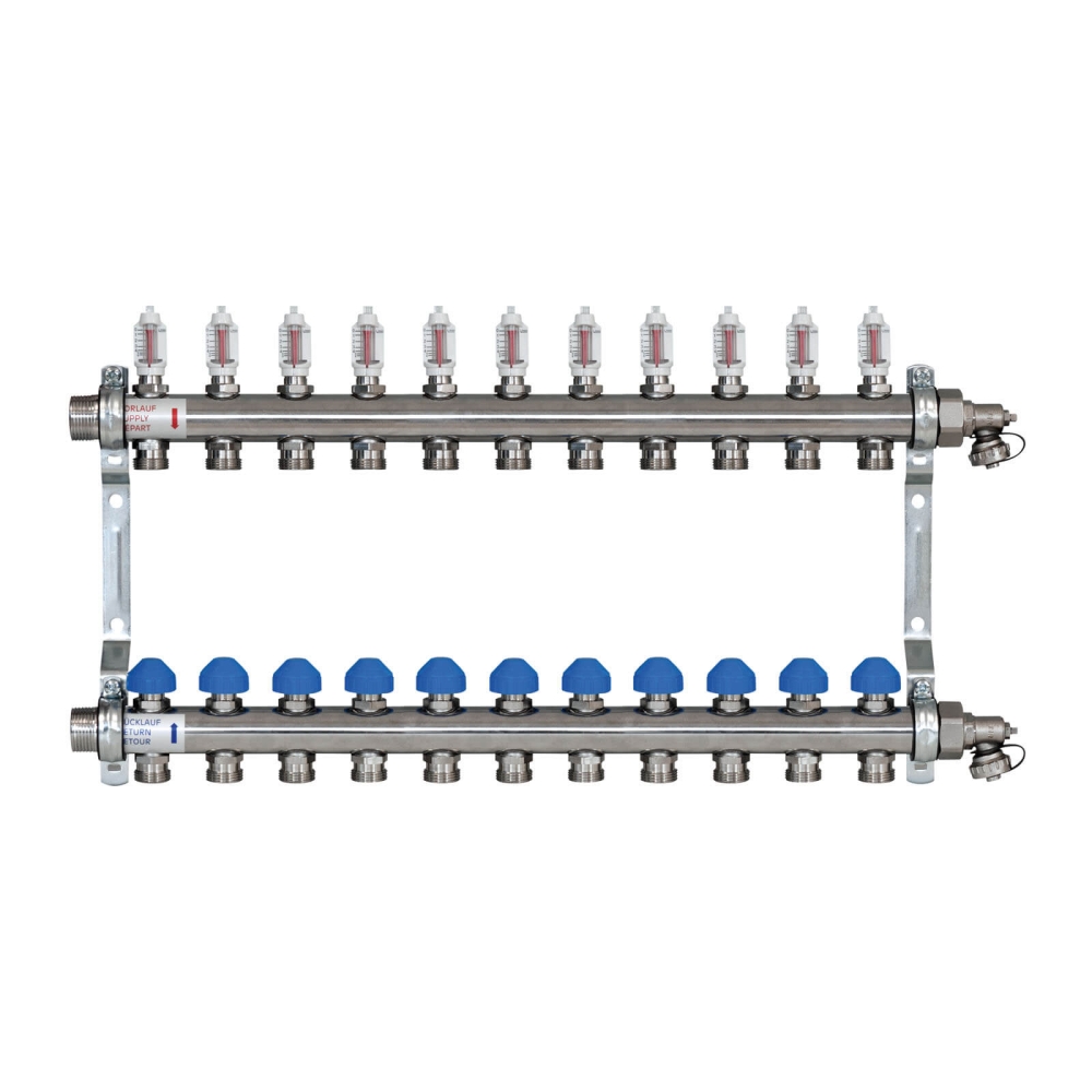 ZEWOTHERM ZEWO 11-er Heizkreisverteiler/Systemverteiler &laquo;Premium&raquo;, Baul&auml;nge 670mm, Einbautiefe 86mm, Edelstahl