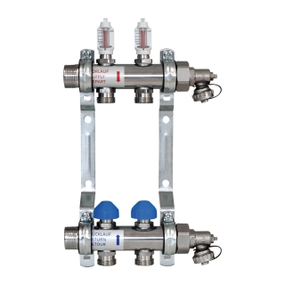 ZEWOTHERM ZEWO 2-er Heizkreisverteiler/Systemverteiler «Premium», Baulänge 220mm, Einbautiefe 86mm, Edelstahl ohne für Verbundrohr 12 mm x 3/4"