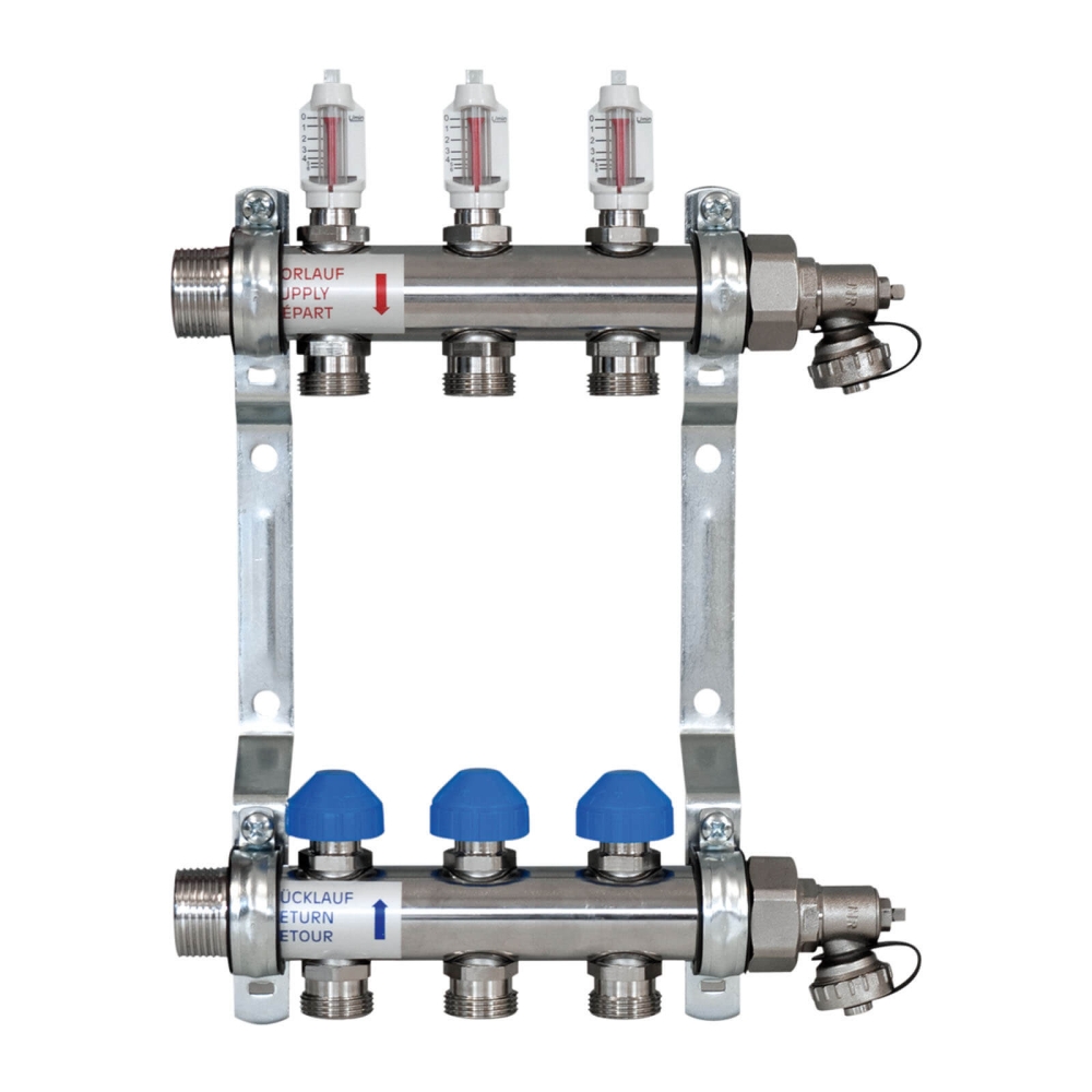 ZEWOTHERM ZEWO 3-er Heizkreisverteiler/Systemverteiler &laquo;Premium&raquo;, Baul&auml;nge 270mm, Einbautiefe 86mm, Edelstahl Anschluss 1" rot/blau f&uuml;r Kupferrohr 18 mm x 3/4"