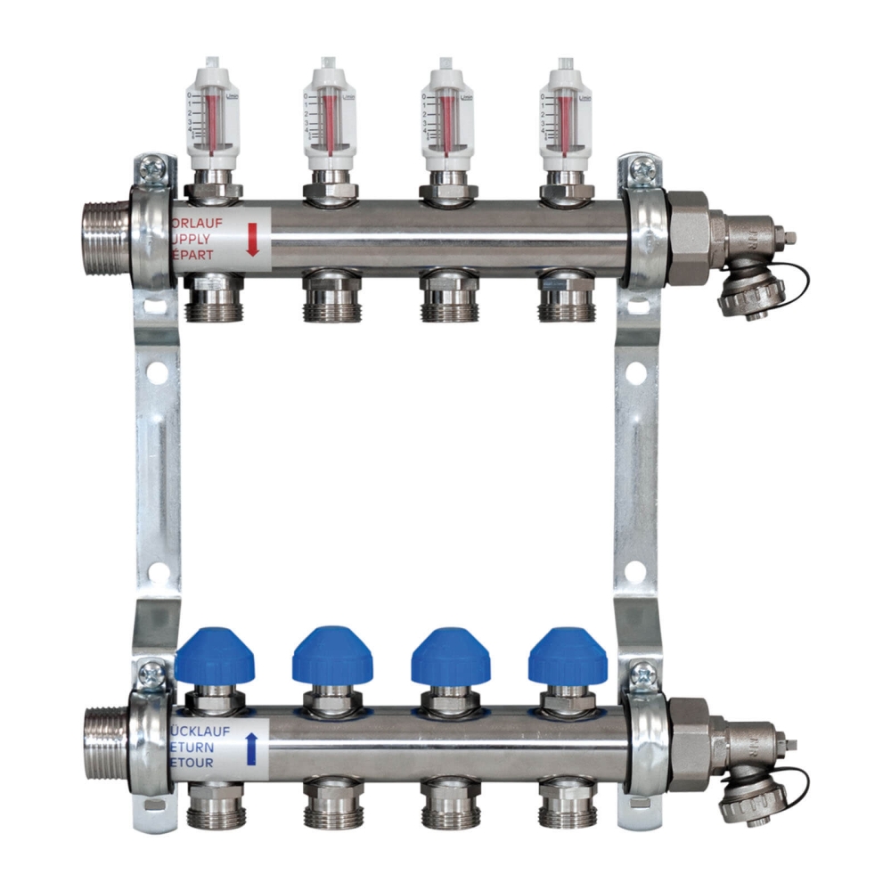 ZEWOTHERM ZEWO 4-er Heizkreisverteiler/Systemverteiler &laquo;Premium&raquo;, Baul&auml;nge 320mm, Einbautiefe 86mm, Edelstahl Anschluss 1" rot/blau f&uuml;r Kupferrohr 18 mm x 3/4"