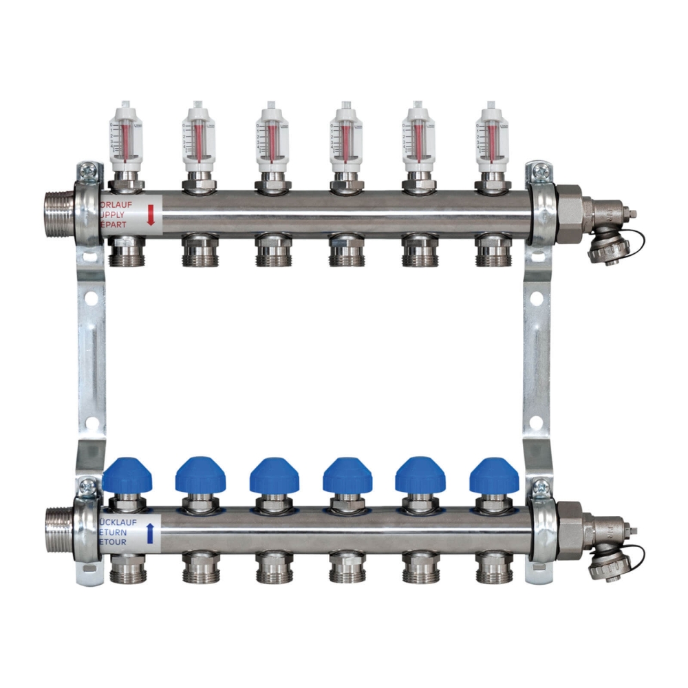 ZEWOTHERM ZEWO 6-er Heizkreisverteiler/Systemverteiler &laquo;Premium&raquo;, Baul&auml;nge 420mm, Einbautiefe 86mm, Edelstahl ohne ohne