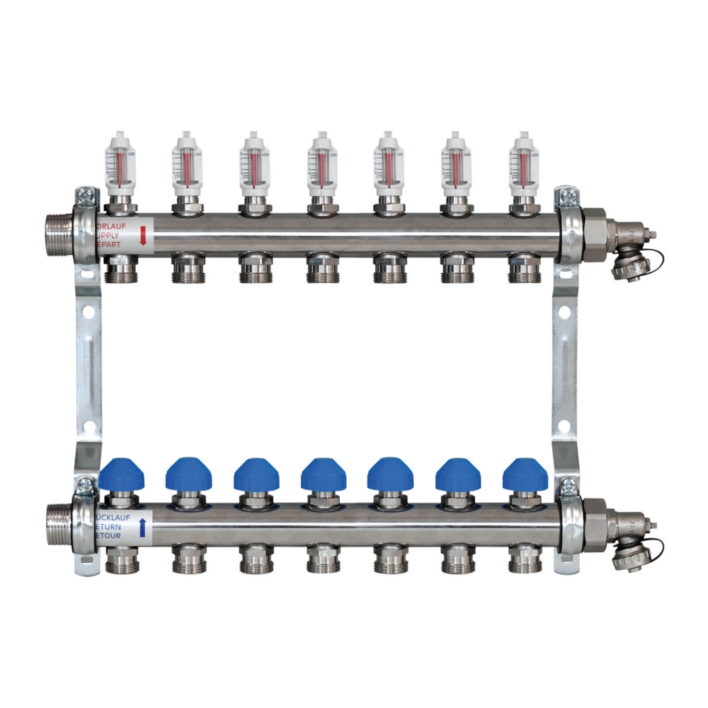 ZEWOTHERM ZEWO 7-er Heizkreisverteiler/Systemverteiler &laquo;Premium&raquo;, Baul&auml;nge 470mm, Einbautiefe 86mm, Edelstahl Anschluss 1" rot/blau f&uuml;r Verbundrohr 16 mm x 3/4"