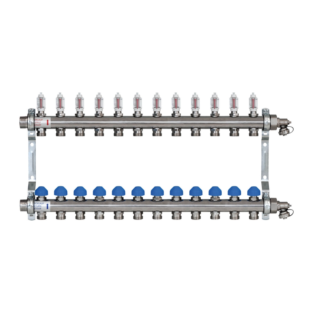 ZEWOTHERM ZEWO 12-er Heizkreisverteiler/Systemverteiler &laquo;Premium&raquo;, Baul&auml;nge 720mm, Einbautiefe 86mm, Edelstahl ohne ohne