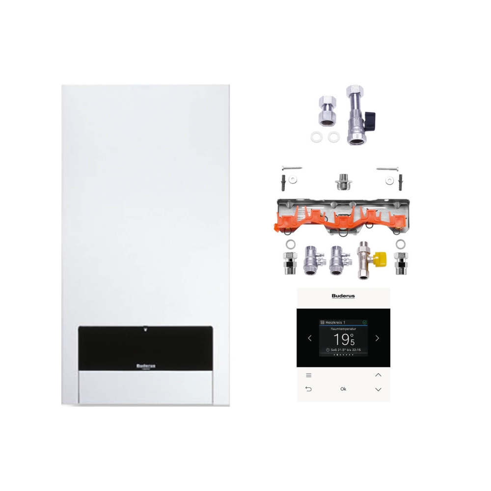 Buderus Logaplus-Paket W6 Gas-Heizwert-Kombitherme U154-24K, Erdgas E/H, 24 kW, RC200, inkl. Zubeh&ouml;r