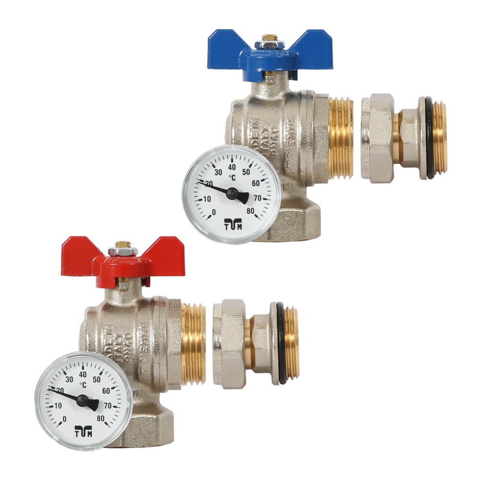 TIEMME Kugelhahn-Bausatz f&uuml;r Heizkreisverteiler mit Thermometer 1" - 90&deg; Winkel