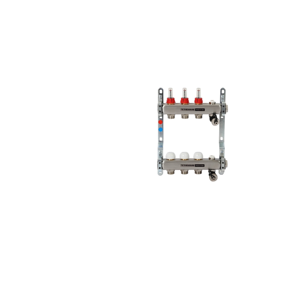 TIEMME 3-er Heizkreisverteiler 1" mit Ventilverteilerelementen 3/4", und manueller Entl&uuml;ftung