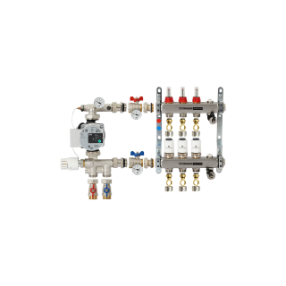 TIEMME 3-er Heizkreisverteiler 1" mit Ventilverteilerelementen 3/4", und manueller Entlüftung