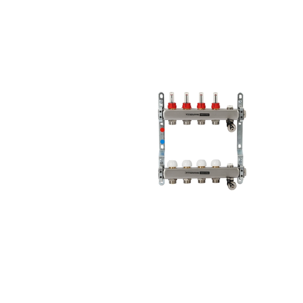 TIEMME 4-er Heizkreisverteiler 1" mit Ventilverteilerelementen 3/4", und manueller Entl&uuml;ftung