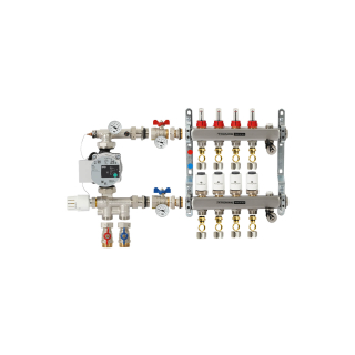 TIEMME 4-er Heizkreisverteiler 1" mit Ventilverteilerelementen 3/4", und manueller Entlüftung