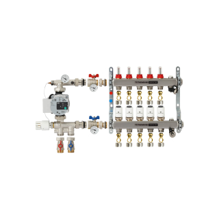 TIEMME 5-er Heizkreisverteiler 1" mit Ventilverteilerelementen 3/4", und manueller Entlüftung