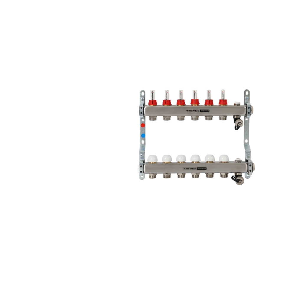 TIEMME 6-er Heizkreisverteiler 1" mit Ventilverteilerelementen 3/4", und manueller Entl&uuml;ftung
