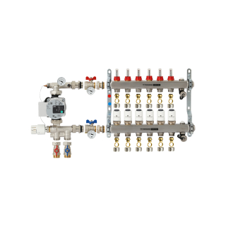 TIEMME 6-er Heizkreisverteiler 1" mit Ventilverteilerelementen 3/4", und manueller Entlüftung