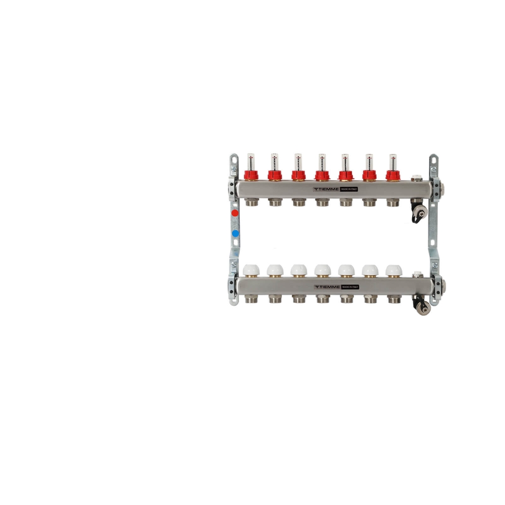 TIEMME 7-er Heizkreisverteiler 1" mit Ventilverteilerelementen 3/4", und manueller Entl&uuml;ftung