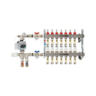 TIEMME 7-er Heizkreisverteiler 1" mit Ventilverteilerelementen 3/4", und manueller Entlüftung
