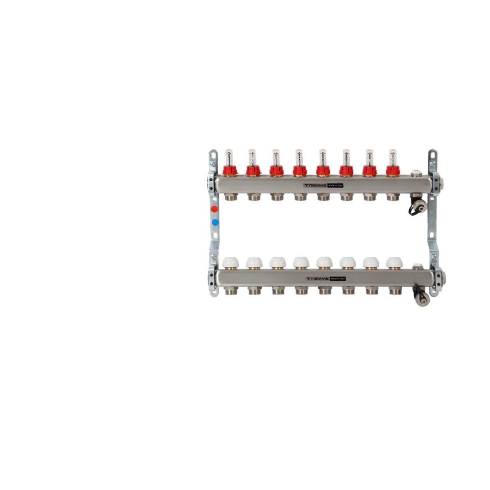 TIEMME 8-er Heizkreisverteiler 1" mit Ventilverteilerelementen 3/4", und manueller Entl&uuml;ftung