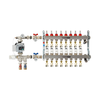 TIEMME 8-er Heizkreisverteiler 1" mit Ventilverteilerelementen 3/4", und manueller Entlüftung