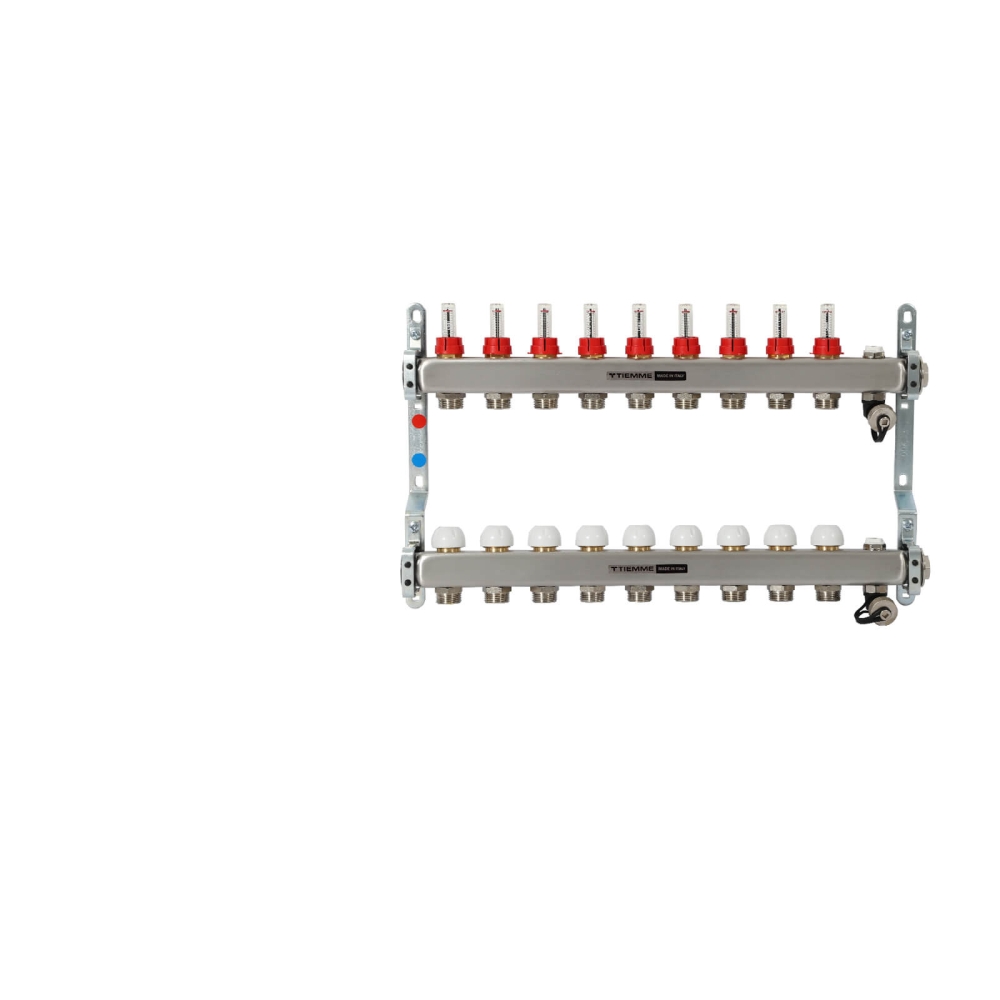TIEMME 9-er Heizkreisverteiler 1" mit Ventilverteilerelementen 3/4", und manueller Entl&uuml;ftung