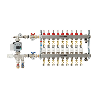 TIEMME 9-er Heizkreisverteiler 1" mit Ventilverteilerelementen 3/4", und manueller Entlüftung