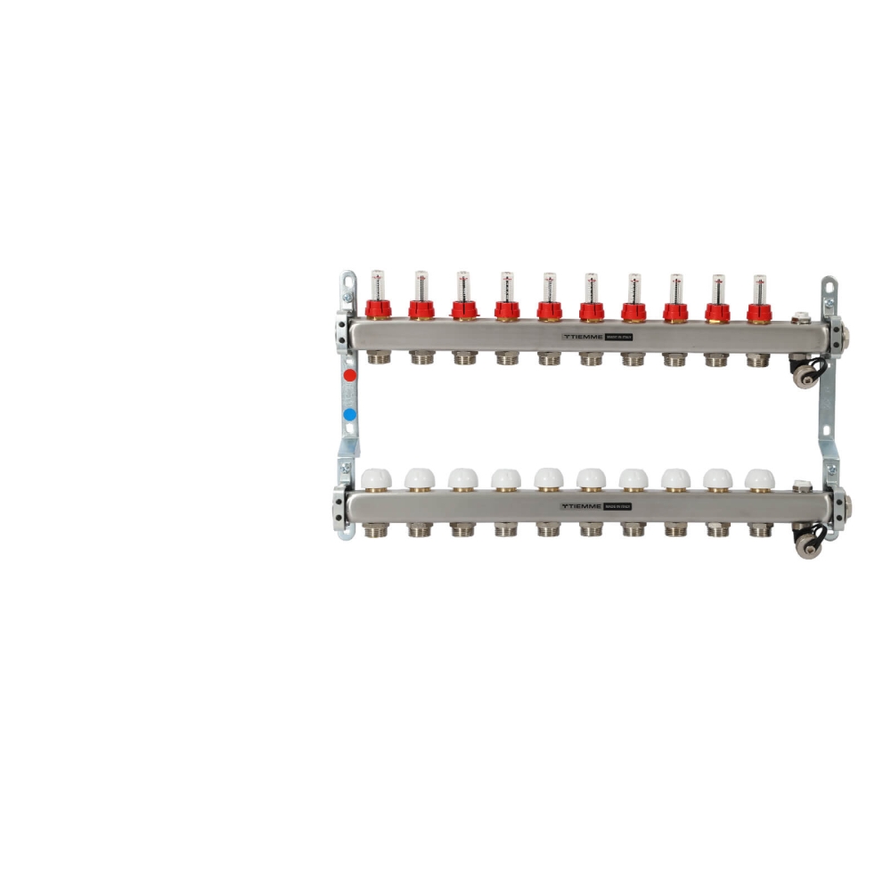 TIEMME 10-er Heizkreisverteiler 1" mit Ventilverteilerelementen 3/4", und manueller Entl&uuml;ftung