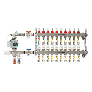 TIEMME 10-er Heizkreisverteiler 1" mit Ventilverteilerelementen 3/4", und manueller Entlüftung