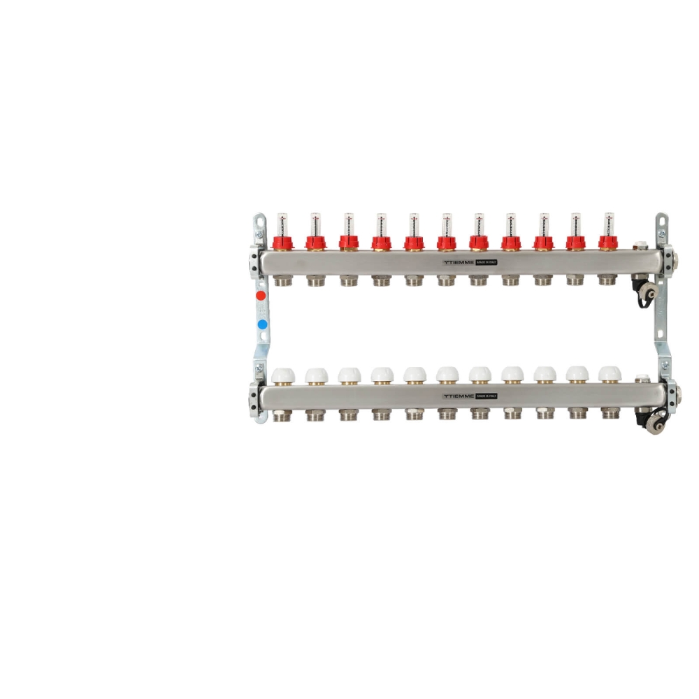 TIEMME 11-er Heizkreisverteiler 1" mit Ventilverteilerelementen 3/4", und manueller Entl&uuml;ftung