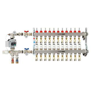 TIEMME 11-er Heizkreisverteiler 1" mit Ventilverteilerelementen 3/4", und manueller Entlüftung