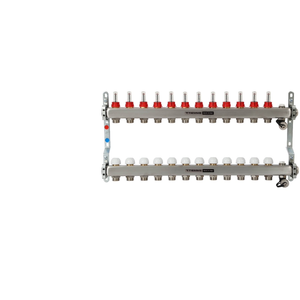 TIEMME 12-er Heizkreisverteiler 1" mit Ventilverteilerelementen 3/4", und manueller Entl&uuml;ftung