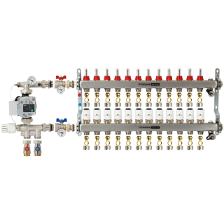 TIEMME 12-er Heizkreisverteiler 1" mit Ventilverteilerelementen 3/4", und manueller Entlüftung