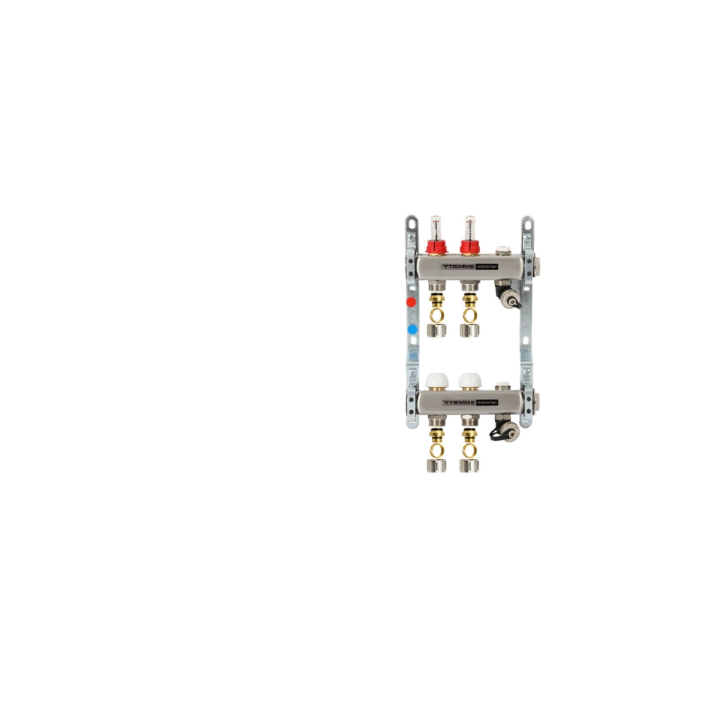 TIEMME 2-er Heizkreisverteiler 1", manuelle Entl&uuml;ftung ohne Festwertregelset ohne Durchgangs-Kugelh&auml;hne zum Festwertregelset  ohne Kugelh&auml;hne f&uuml;r Verbundrohr 17 mm x 3/4" ohne Stellantriebe