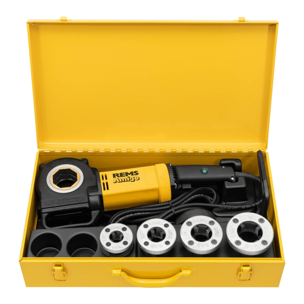 REMS Amigo Set Elektrische Gewindeschneidkluppe mit Schnellwechsel-Schneidk&ouml;pfen R 1/2+3/4+1+1 1/4