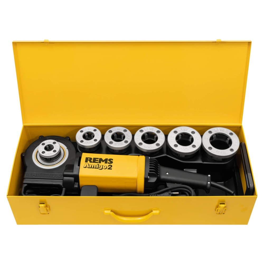 REMS Amigo 2 Set Elektrische Gewindeschneidkluppe mit Schnellwechsel-Schneidk&ouml;pfen R 1/2+3/4+1+1 1/4+1 1/2+2