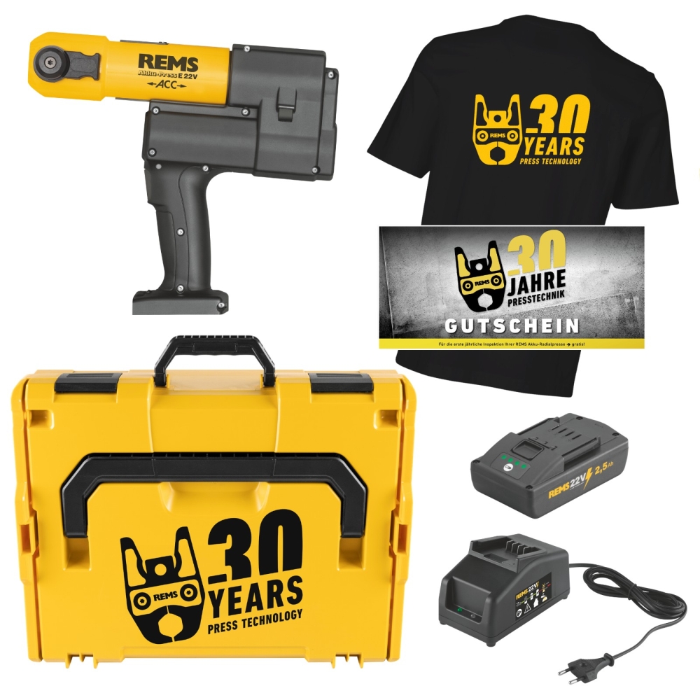REMS Akku-Radialpresse Akku-Press E 22V ACC (30 Jahre Edition mit T-Shirt &amp; Gutschein)