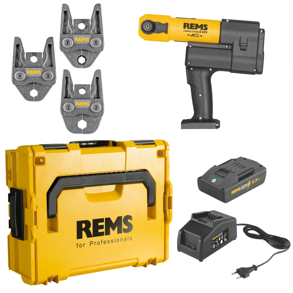 REMS Akku-Radialpresse Akku-Press E 22V ACC, Basic-Pack, L-Boxx mit Pressbacken in V-Kontur