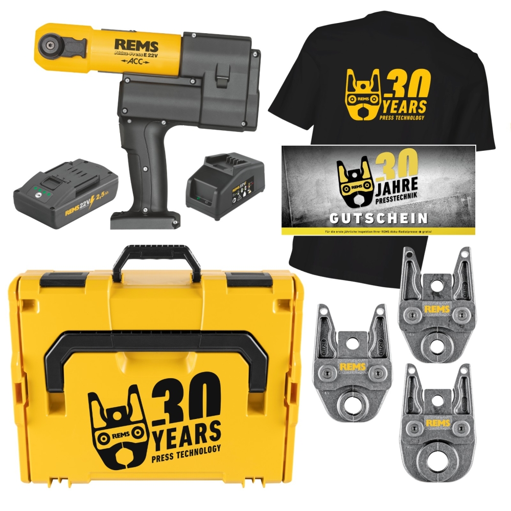 REMS Akku-Radialpresse Akku-Press E 22V ACC mit Pressbacken in TH-Kontur (30 Jahre Edition mit T-Shirt &amp; Gutschein)
